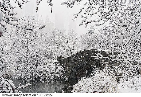Bridge over lake amidst snow covered bare trees during snowfall