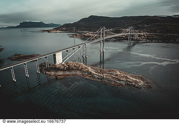bridge over norway fjords from aerial view