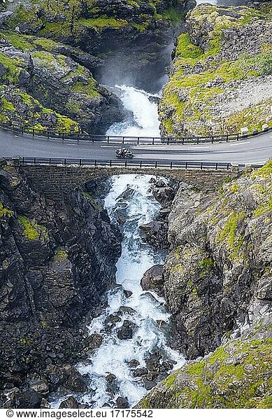 Bridge over Stigfossen waterfall  Trollstigen mountain road  near Åndalsnes  Møre og Romsdal  Vestland  Norway  Europe
