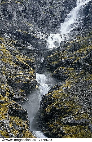 Bridge over Stigfossen waterfall  Trollstigen mountain road  near Åndalsnes  Møre og Romsdal  Vestland  Norway  Europe