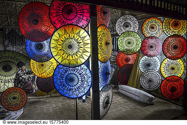 Brightly coloured traditional umbrellas in Bangar  Myanmar.