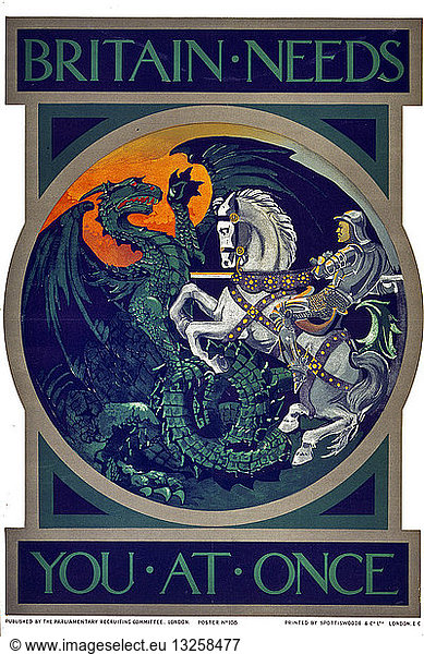 Britain needs you at once. Poster showing St. George slaying the dragon; scene in roundel format. published in the First World War by the British Parliamentary Recruiting Committee  1915