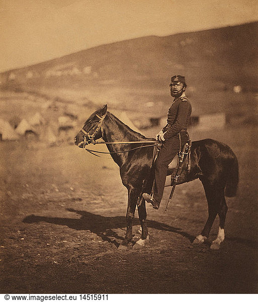 British Captain Henry John Wilkinson  9th (East Norfolk) Regiment of Foot  Full-Length Portrait Sitting on Horse  Crimean War  Crimea  Ukraine  by Roger Fenton  1855