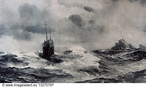 British royal navy submarine eludes a German zeppelin airship in the Baltic Sea.. British royal navy submarine eludes a German zeppelin airship in the Baltic Sea 1916. during world war one