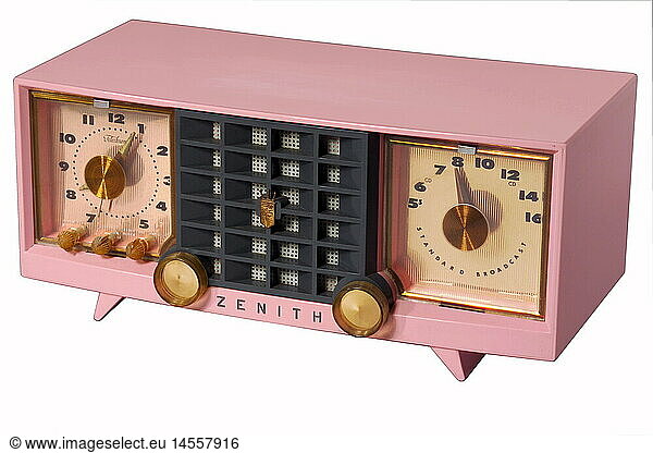 broadcast  radio  radio sets  type  typ Zenith S-21634  USA  Illinois  circa 1956  technic  technics  historic  historical  clipping  1950s  alarm clock  set  20th century