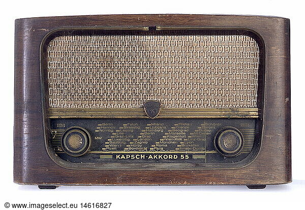 broadcast  radio set  Kapsch Akkord 55  Austria  1954  dirty  defect  e-waste  electronic  technics  Austrian  design  Gelsenkirchen Baroque  front panel  1950s  50s  20th century  historic  historical  clipping  cut out  cut-out  cut-outs  nostalgia
