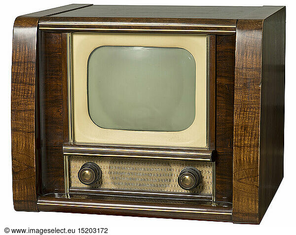 broadcast  television  television set  Blaupunkt  version F 2053  early German television set  original price: 1398.-  tabletop unit  with 36 cm screen size  black-white  chassis: exotic woods  one of the first postwar devices  Germany  1953  television  TV  TV device  screen  screens  telescreen  TV screen  telescreen  TV screen  frontal  Made in Germany  economic miracle  economic miracles  TV history  technology  engineering  technologies  history of technology  stills  1950s  50s  clipping  cut out  cut-out  cut-outs  TV set  television set  broadcast receiver  broadcast receivers  broadcast electronics  electric appliance  electrical device  electric appliances  electrical devices  electrical  electric  unit  units  apparatus  apparatuses  object  objects  object  objects  stills  20th century  historic  historical
