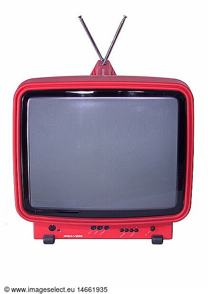 broadcast  television  TV set  typ Brionvega best 15 2  Italy  1995  historic  historical  technics  technic  invention  clipping  1990s  portable  antenna  red  plastic case  designed by Mario Bellini  design  produced by Brionvega S.p.A.  type  sets  20th century