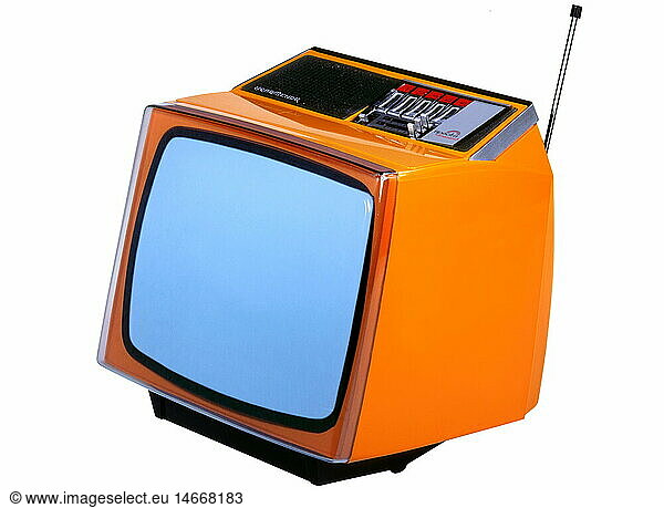broadcast  television  TV set  typ Nordmende Spectra-dimension 5  Germany  1974  portable  technic  technics  invention  historic  historical  1970s  31 cm screen diagonal  antenna  design  orange  clipping  Made in Germany  type  sets  20th century