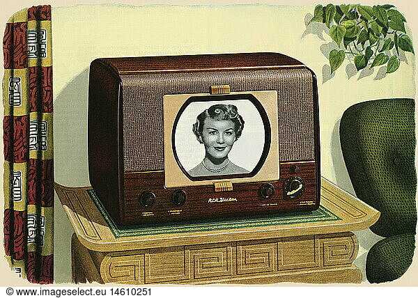 broadcast  television  TV set  typ RCA Victor 9T246  USA  1949  technic  technics  invention  historic  historical  1940s  American actress Kyle MacDonnel on screen  NBC  black and white  types  sets  people  20th century