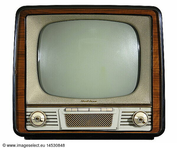 broadcast  television  TV set  typ Schaub Lorenz Weltspiegel 843  Germany  1957  historic  historical  technics  technic  invention  clipping  wooden case  wood  43 cm screen diagonal  front side  world mirror  type  sets  20th century  1950s