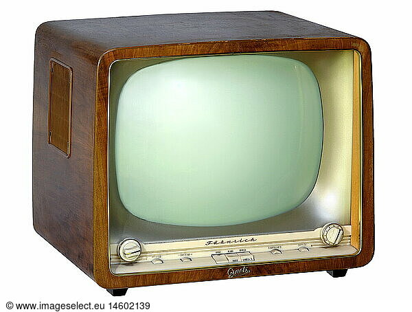 broadcast  television  TV set  type GrÃ¤tz FÃ¤hnrich F 207  Germany  1959  technic  technics  invention  historic  historical  walnut wood case  CRT  black and white  43 cm screen diagonal  Made in Germany  1950s  clipping  types  sets  20th century