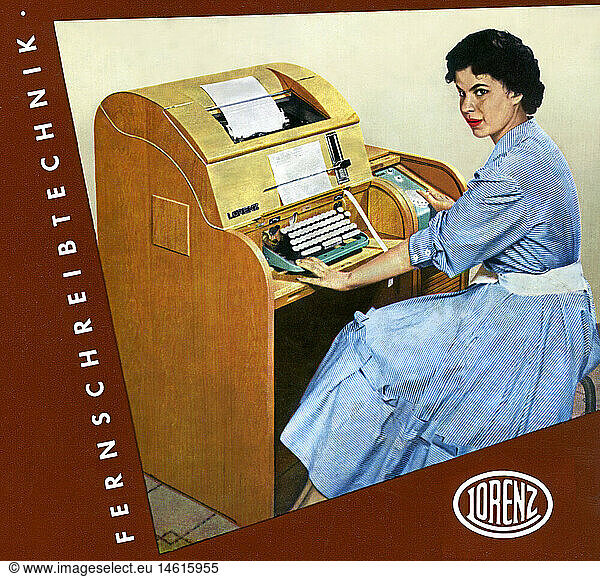 broadcast  television  woman at teletypewriter  telex  made by C. Lorenz AG Stuttgart  prospectus  Germany  1955