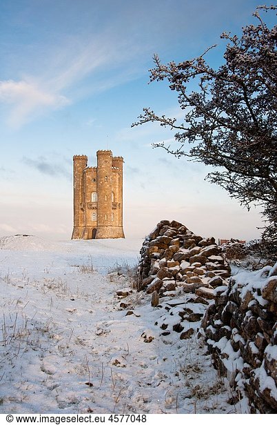 Broadway tower in winter snow in the Cotswolds  Gloucestershire UK