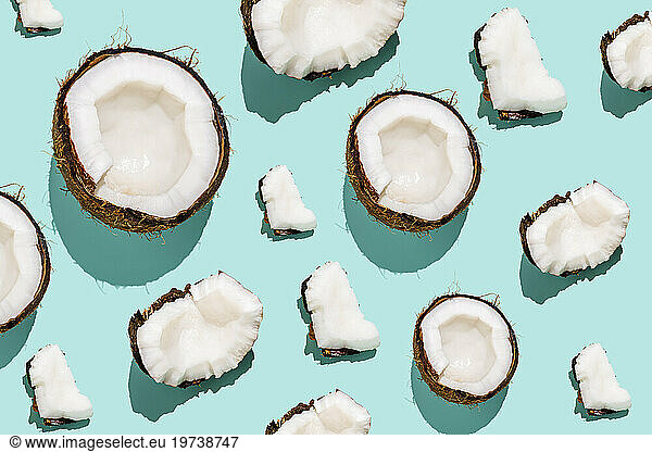 Broken slices of coconuts arranged against blue background