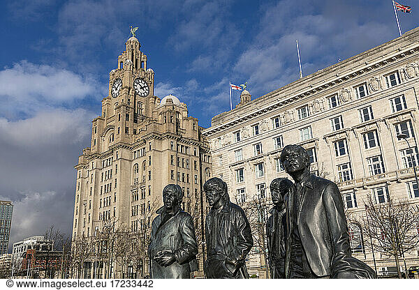 Bronze statue of the four Liverpool Beatles stands on Liverpool Waterfront  UNESCO World Heritage Site  Liverpool  Merseyside  England  United Kingdom  Europe