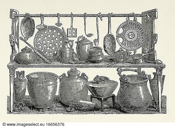 Bronzetöpferwaren und Küchenutensilien  gefunden in Pompeji  Italien  Europa. Alter Stich aus dem XIX. Jahrhundert aus Pompeji und die Pompejaner von Marco Monnier  Le Tour du Monde 1864.