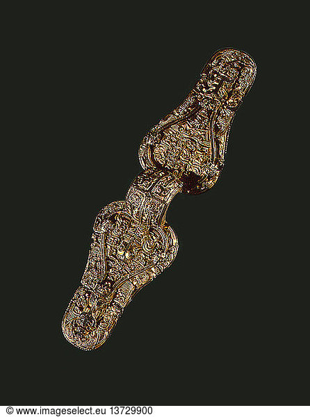 Brooch richly decorated with animals  human beings and gilt details  Brooches like this one had not only an everyday practical use  but as they were mostly exchanged as gifts  had a symbolic significance demonstrating the importance of the owners contacts. Sweden. Viking. Migration period.