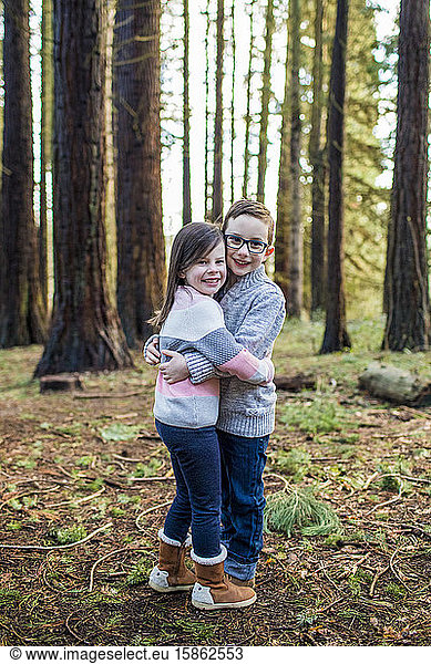 Brother and sister hugging in the forest.