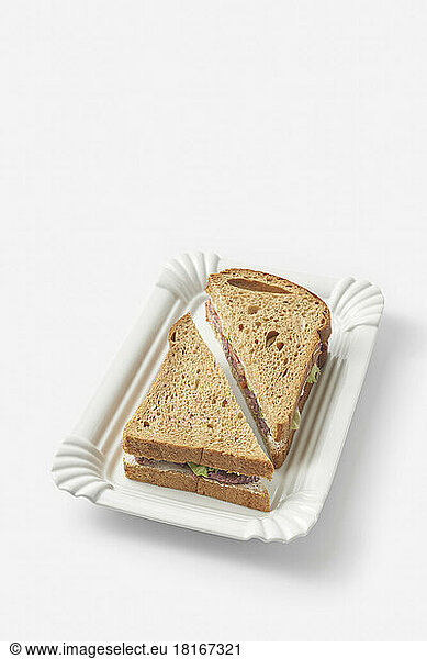 Brown bread ham sandwich on tray against white background