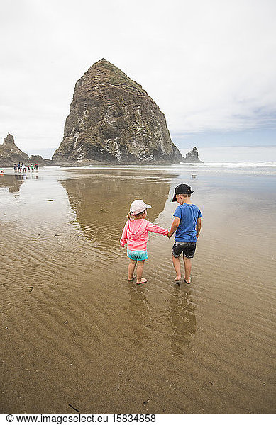 Bruder und Schwester halten am Strand Händchen.