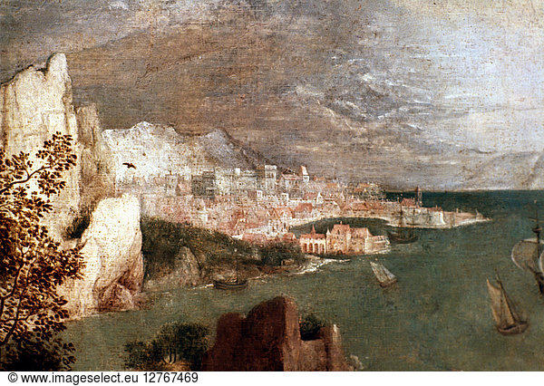 BRUEGEL: FALL OF ICARUS. 'Landscape with the Fall of Icarus (detail).' Oil on panel transferred to canvas  c1555-58  by Pieter Bruegel the Elder.