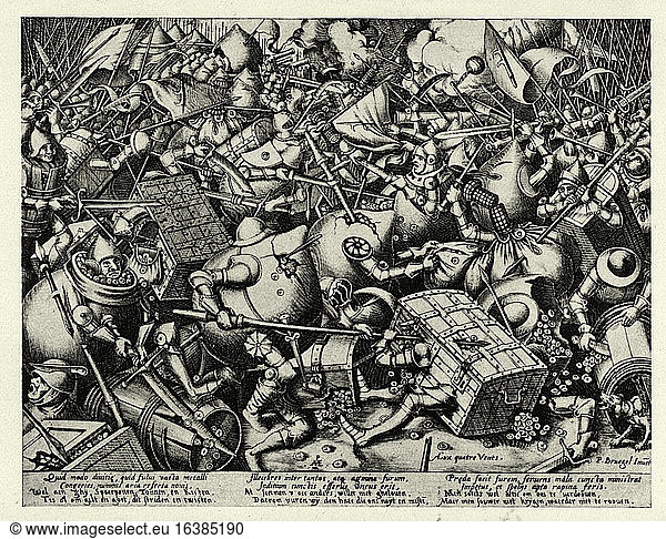 Bruegel  Pieter (also Brueghel) the Elder c. 1525 – 1569 Dutch and Flemish artist.'The Battle of the Moneybags and the Strongboxes'.Copper engraving by Pieter van der Heyden after Pieter Bruegel the Elder.
