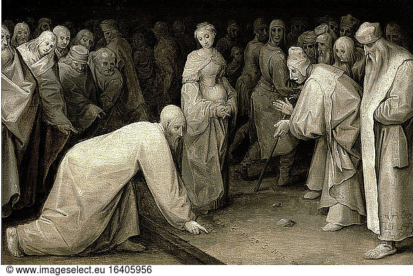 Brueghel  Jan the Elder 1568–1625(after the painting  1565  by Pieter Brueghel the Elder  1520/25–1569).“Christ and the Adulteress   c. 1592.Grisaille on wood  23.8 × 36.4cm.Munich  Alte Pinakothek.