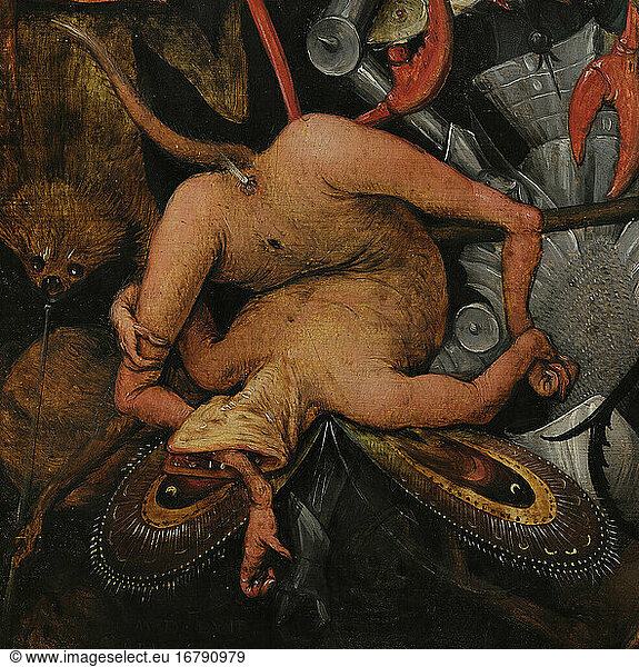 Brueghel  Pieter  says Brueghel the Elder(around 1525 – 09.09.1569 Brussels)Flemish painter.The Fall of the Rebel Angels  1562Detail: fallen angel with reptile-mouth  biting and writhing  releasing a fart.Oil on wood  117 × 162 cm.Inv. 584Brussels  Royal Museums of Fine Art.