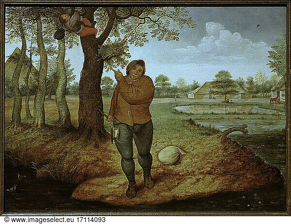 Brueghel  Pieter the Younger 1564–1638.“The Nest Robber   post–1616. (Copy of the painting “The Bird Thief   1563  by Pieter Bruegel the Elder).Oil on wood  42.5 × 58.1cm.London  private collection.