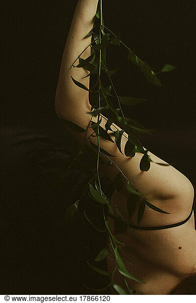 Brunette girl dancing with plant in the studio  body details