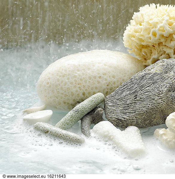 Bubble bath with sponges  close-up