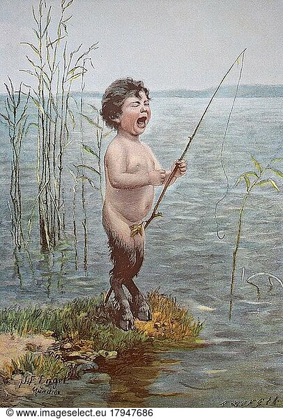 Buck-legged boy  while fishing the line is broken. Zorn  art supplement in the Zur Guten Stunde 1897  after a painting by F. Engel  Bockbeinchens Unglückstag  Historical  digitally restored reproduction of an original from the 19th century