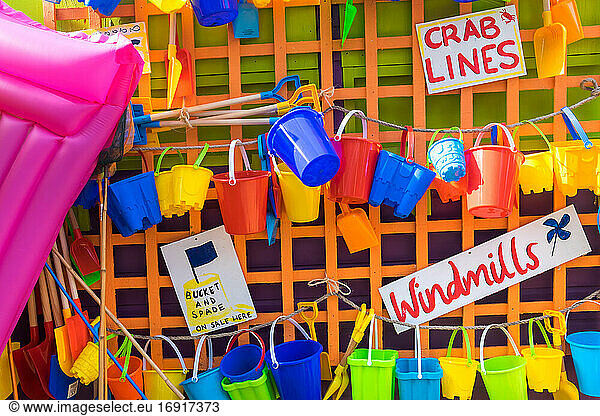 Bucket and spades and other beach items for sale  holiday resort  England  United Kingdom
