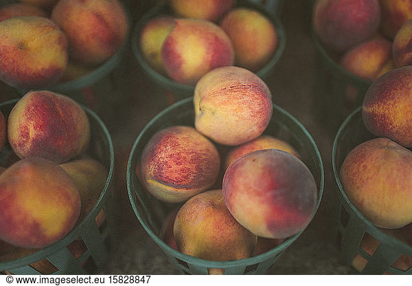 Buckets of fresh peaches at roadside fruit stand in Georgia