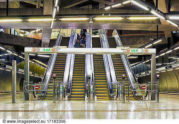 Budapest Metro  a row of escalators  exit.