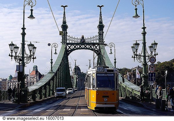 Budapest (Ungarn). Straßenbahn auf der Freiheitsbrücke der Stadt Budapest.