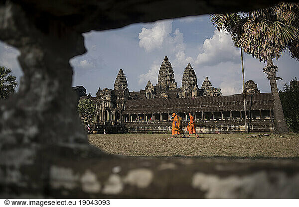 Buddhist monks at the Angkor Wat Temple  Siem Reap  Cambodia.