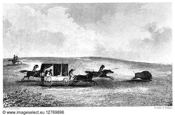 BUFFALO HUNT  1841. Travelers in a horse-drawn wagon encounter a Native American buffalo hunt on the southwestern prairies. Steel engraving  1844  after John William Casilear  from George Wilkins Kendall's published account of the Texan Santa Fe expedition of 1841.