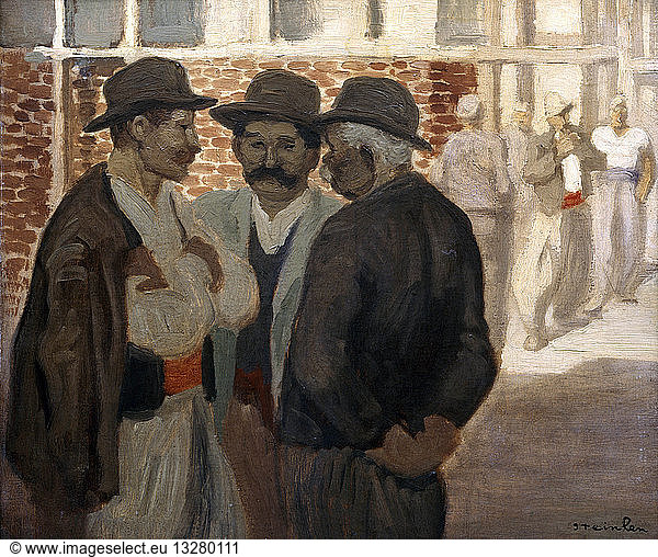 Building Labourers - Masons' oil on canvas by Theophile Alexandre Steinlen (1859-1923) Swiss painter. Three workmen stand in conversation.