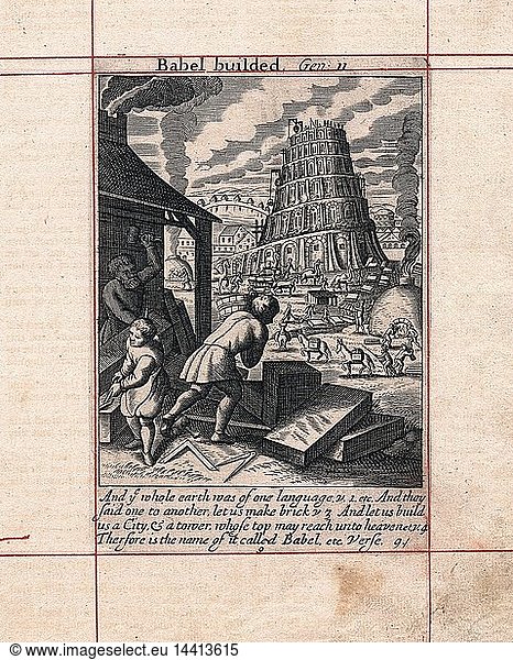 Building of Tower of Babel. Bible: Genesis 2. Bricks fired in on-site kilns  in foreground masons are working blocks of stone. Copperplate engraving of 1716.