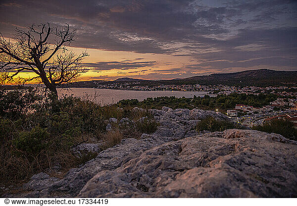 Built structures over landscape in town by sea during sunset Rogoznica  Dalmatia  Croatia