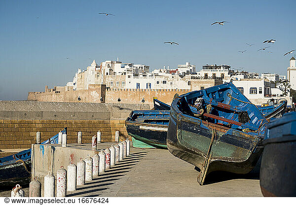 Bunte Fischerboote vor einer marokkanischen Stadt
