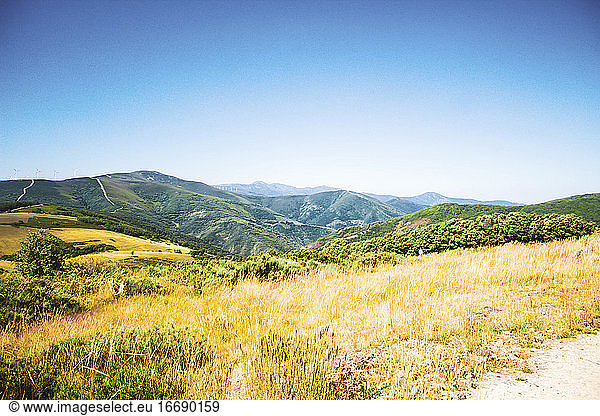 Bunte Vegetation Landschaft mit Bergen gegen blauen Himmel