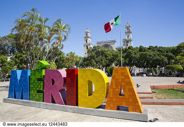 Buntes Schild von Merida mit mexikanischer Flagge und der Kathedrale von San Ildefonso im Hintergrund  Merida  Yucatan  Mexiko