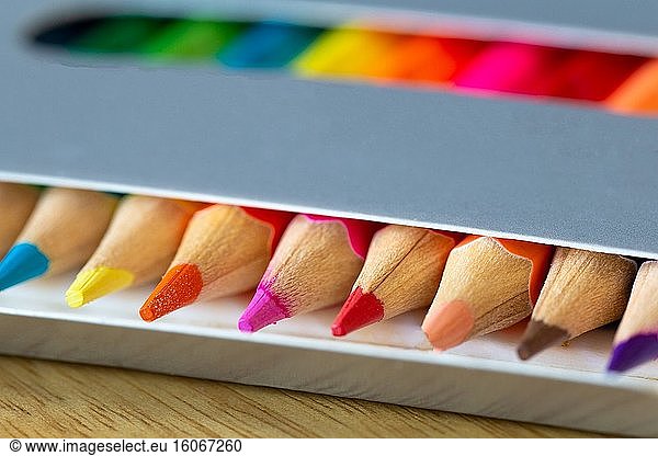 Buntstifte in einem Karton graue Box  Regenbogenfarben  orange Bleistift sticht aus Makro  Schule oder Bürobedarf Hintergrund.