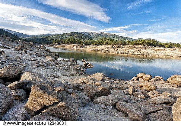 Burguillo reservoir and the Sierra de Gredos on the background. Avila. Spain