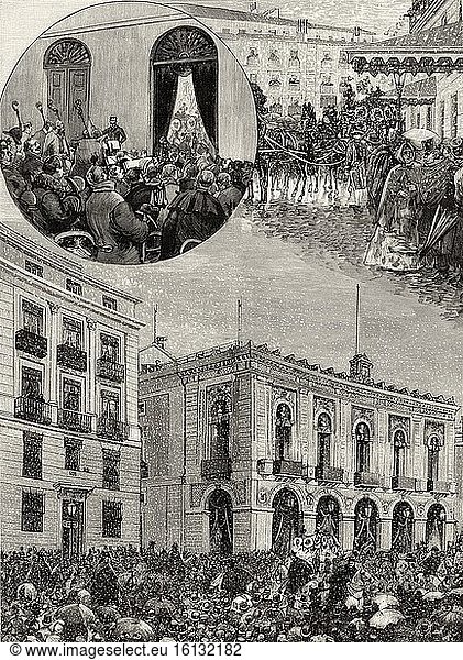 Burial ceremony of the Spanish lyrical singer Julian Gayarre (1844-1890) National School of Music and Declamation  Plaza Oriente in Madrid  Spain. Old XIX century engraved illustration from La Ilustracion Espa?ola y Americana 1890.