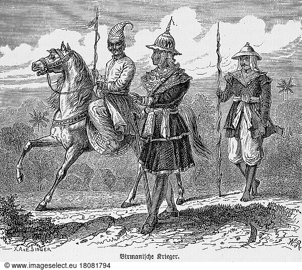 Burmese warriors  uniform  helmet  men  spear  rider  horse  fighter  landscape  historical illustration 1885  19th century  Burma  Myanmar  Asia