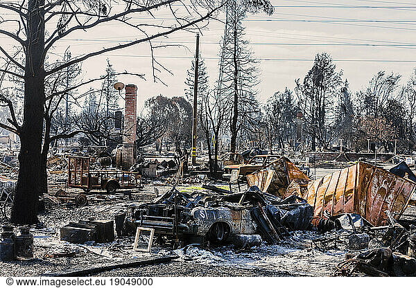 Burnt remains from Tubbs Fire  Santa Rosa  California  USA